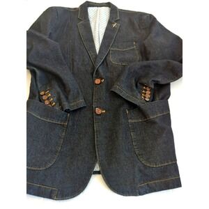 Men's Denim Blazer Sport Coat Large Dark Blue Detailed Buttons Classic On Trend